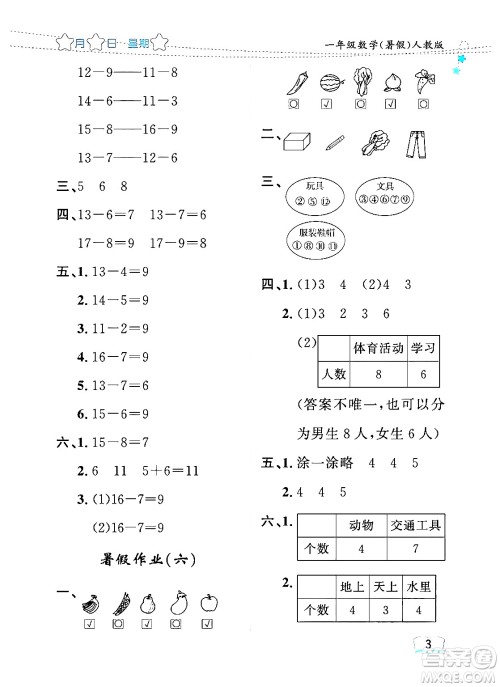 黑龙江少年儿童出版社2024年阳光假日暑假一年级数学人教版答案