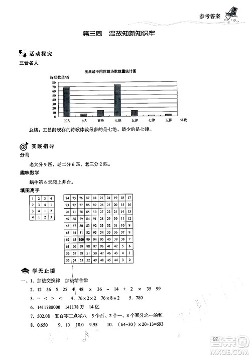 现代教育出版社2024年暑假乐园四年级数学人教版答案