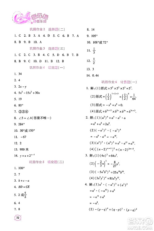 北京教育出版社2024年新课标暑假乐园七年级数学课标版答案