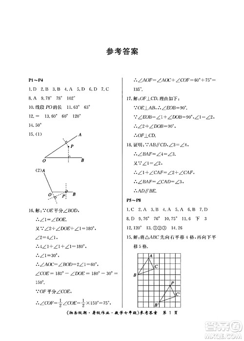 湖南大学出版社2024年湘岳假期暑假作业七年级数学人教版答案