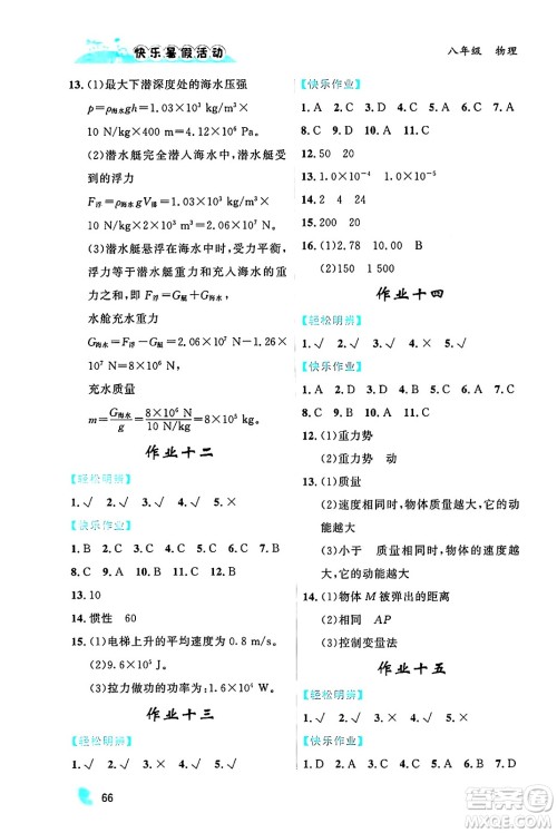 内蒙古人民出版社2024年快乐暑假活动八年级物理通用版答案