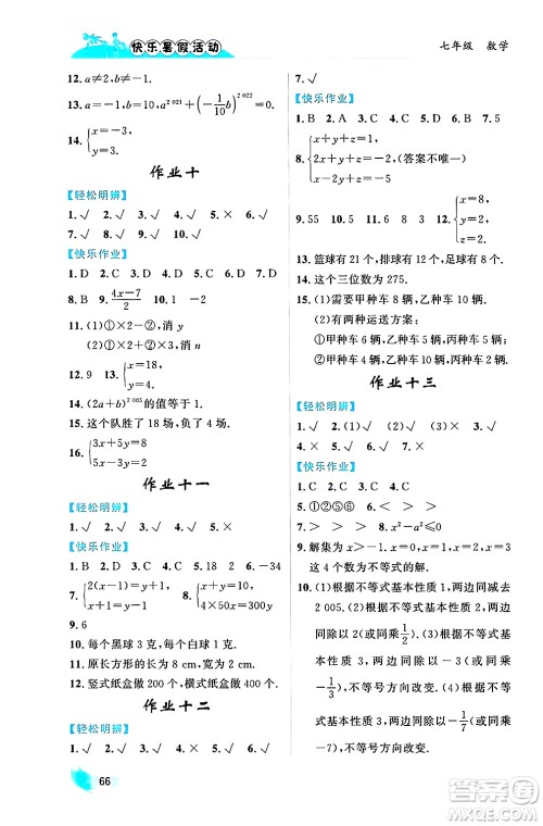 内蒙古人民出版社2024年快乐暑假活动七年级数学通用版答案