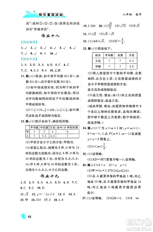 内蒙古人民出版社2024年快乐暑假活动八年级数学通用版答案