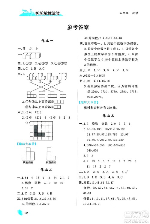 内蒙古人民出版社2024年快乐暑假活动五年级数学通用版答案