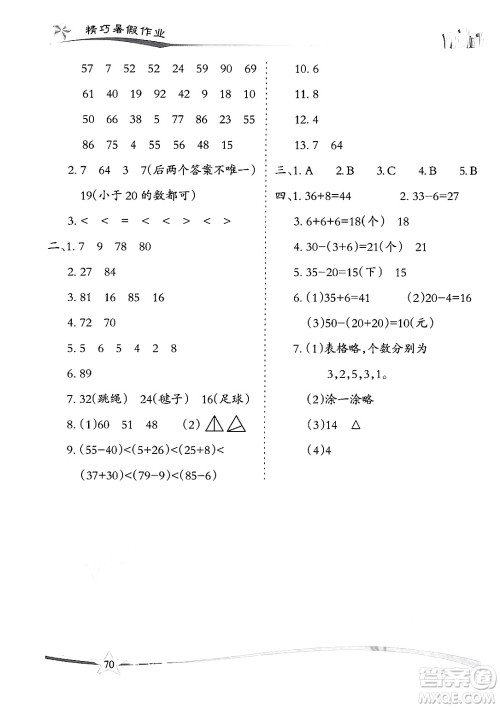 云南美术出版社2024年精巧暑假作业一年级数学人教版答案