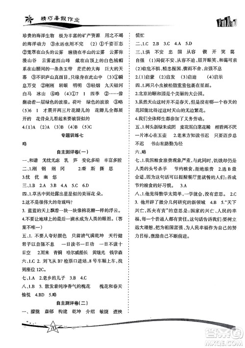 云南美术出版社2024年精巧暑假作业四年级语文人教版答案 云南美术出版社2024年精巧暑假作业四年级语文人教版答案