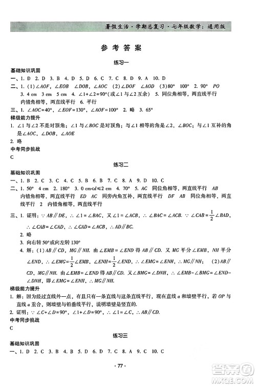 河北科学技术出版社2024年暑假生活暑假作业学期总复习七年级数学通用版答案