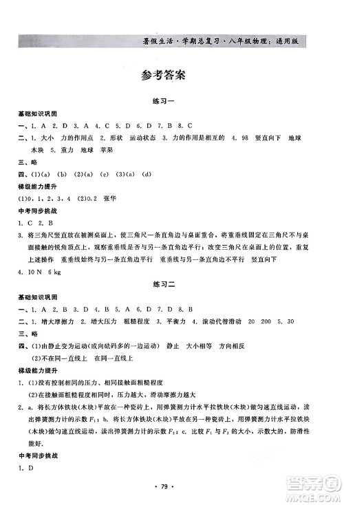 河北科学技术出版社2024年假期核心素养暑假生活学期总复习八年级物理通用版答案