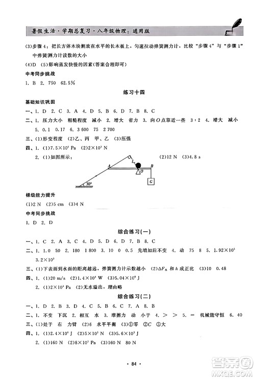 河北科学技术出版社2024年假期核心素养暑假生活学期总复习八年级物理通用版答案