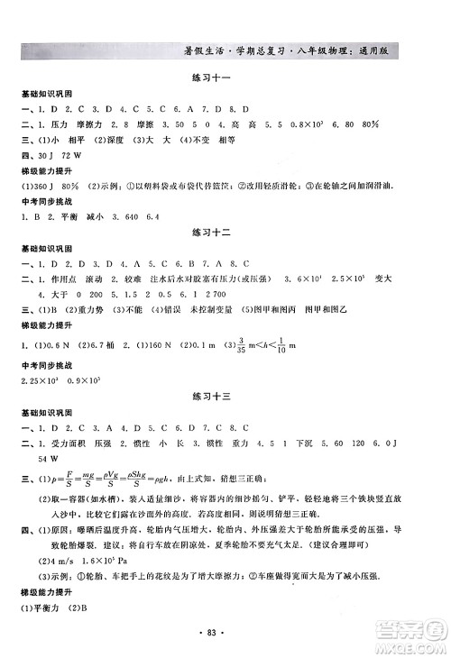 河北科学技术出版社2024年假期核心素养暑假生活学期总复习八年级物理通用版答案