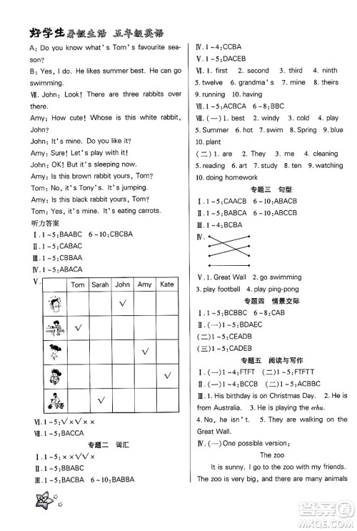 河北美术出版社2024年好学生暑假生活五年级英语通用版答案