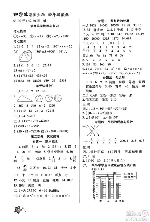 河北美术出版社2024年好学生暑假生活四年级数学冀教版答案