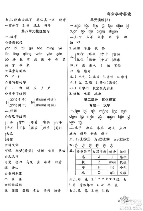 河北美术出版社2024年好学生梳理复习与衔接暑假一年级语文通用版答案