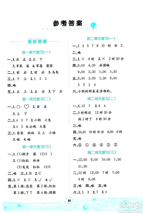 河北少年儿童出版社2024年桂壮红皮书暑假天地一年级数学冀教版答案