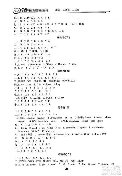 甘肃少年儿童出版社2024年快乐暑假课程衔接组合卷三年级英语人教PEP版答案 甘肃少年儿童出版社2024年快乐暑假课程衔接组合卷三年级英语人教PEP版答案