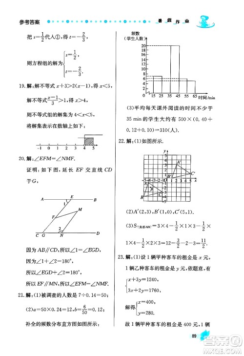 陕西人民出版社2024年实验教材新学案暑假作业七年级数学通用版答案