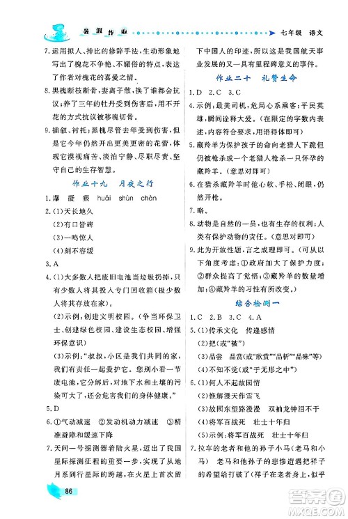 陕西人民出版社2024年实验教材新学案暑假作业七年级语文通用版答案