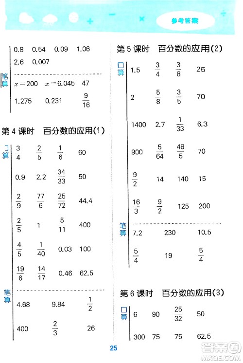 山东教育出版社2024年秋小儿郎小学口算大通关六年级数学上册人教版答案