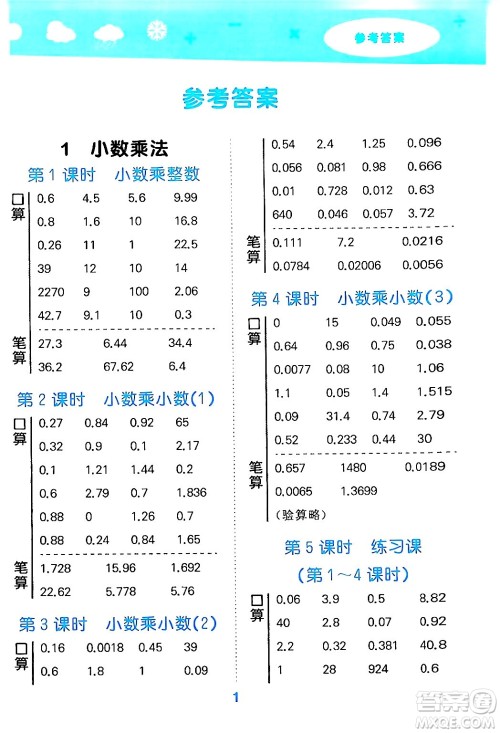 山东教育出版社2024年秋小儿郎小学口算大通关五年级数学上册人教版答案