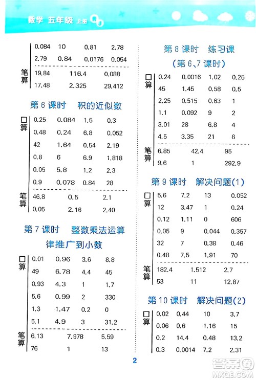 山东教育出版社2024年秋小儿郎小学口算大通关五年级数学上册人教版答案