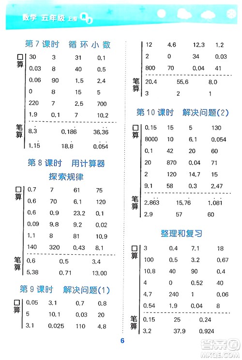 山东教育出版社2024年秋小儿郎小学口算大通关五年级数学上册人教版答案