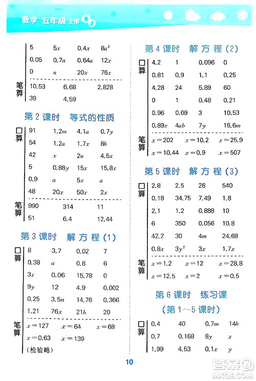 山东教育出版社2024年秋小儿郎小学口算大通关五年级数学上册人教版答案