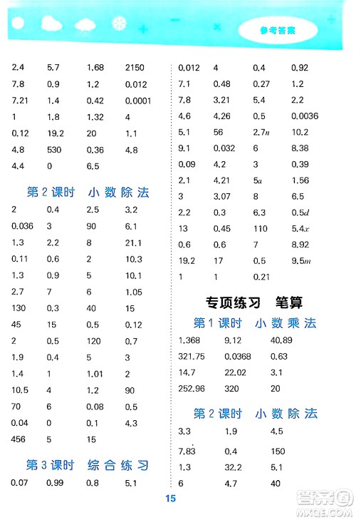 山东教育出版社2024年秋小儿郎小学口算大通关五年级数学上册人教版答案