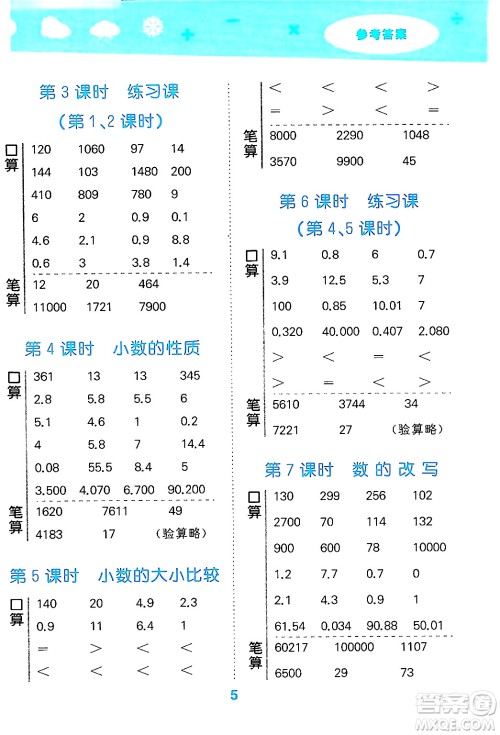 地质出版社2024年秋小儿郎小学口算大通关五年级数学上册苏教版答案