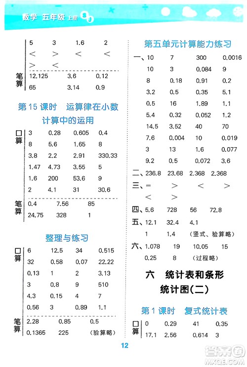 地质出版社2024年秋小儿郎小学口算大通关五年级数学上册苏教版答案