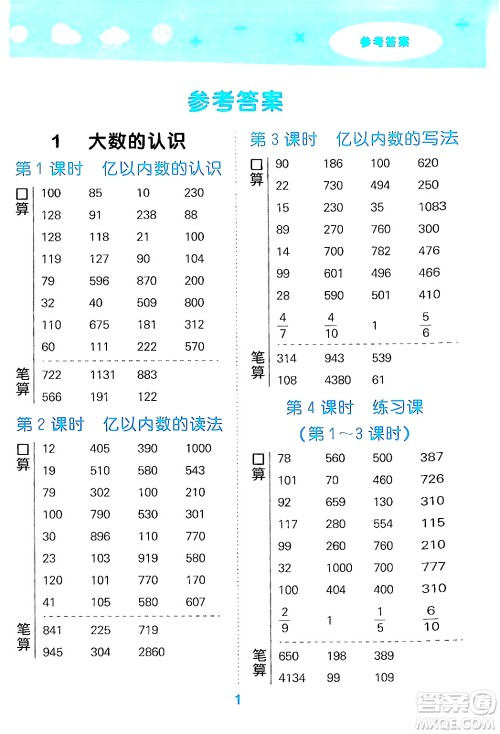 山东教育出版社2024年秋小儿郎小学口算大通关四年级数学上册人教版答案