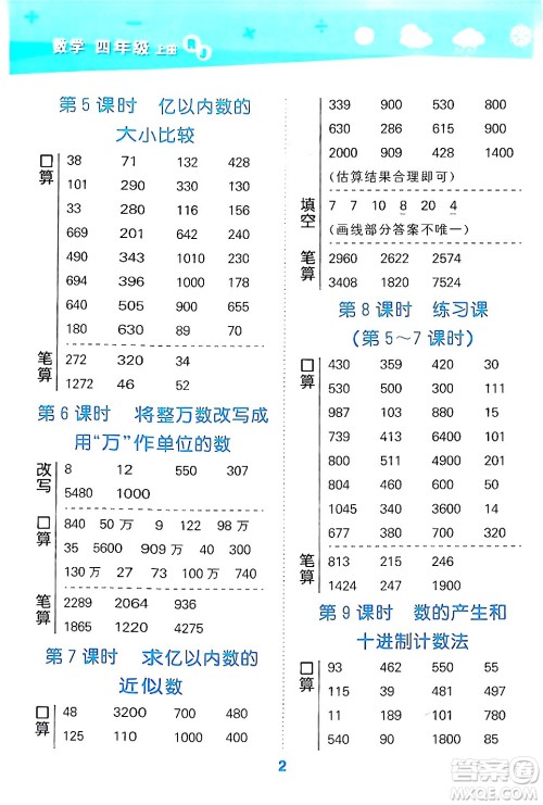 山东教育出版社2024年秋小儿郎小学口算大通关四年级数学上册人教版答案