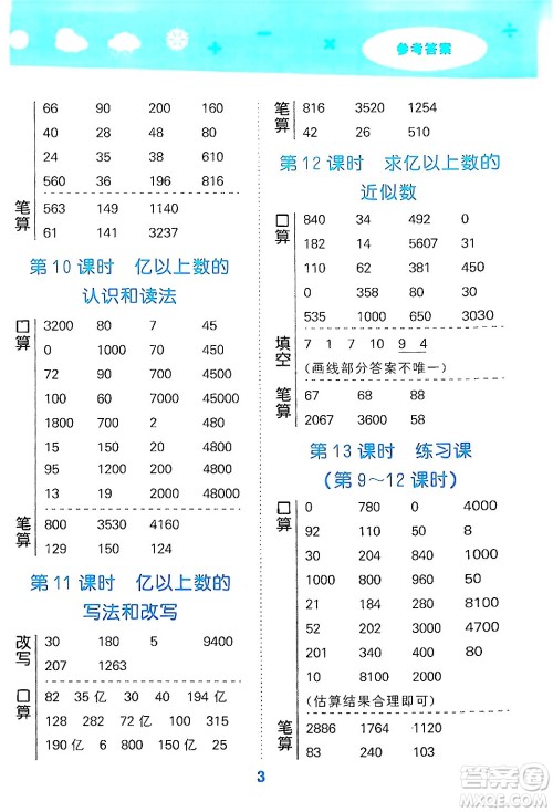 山东教育出版社2024年秋小儿郎小学口算大通关四年级数学上册人教版答案