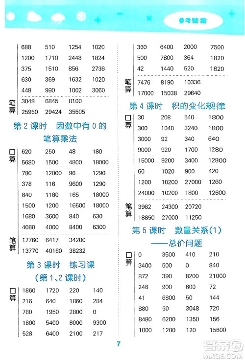 山东教育出版社2024年秋小儿郎小学口算大通关四年级数学上册人教版答案