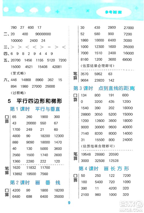 山东教育出版社2024年秋小儿郎小学口算大通关四年级数学上册人教版答案