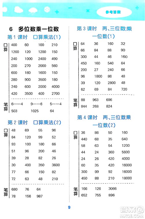 山东教育出版社2024年秋小儿郎小学口算大通关三年级数学上册人教版答案