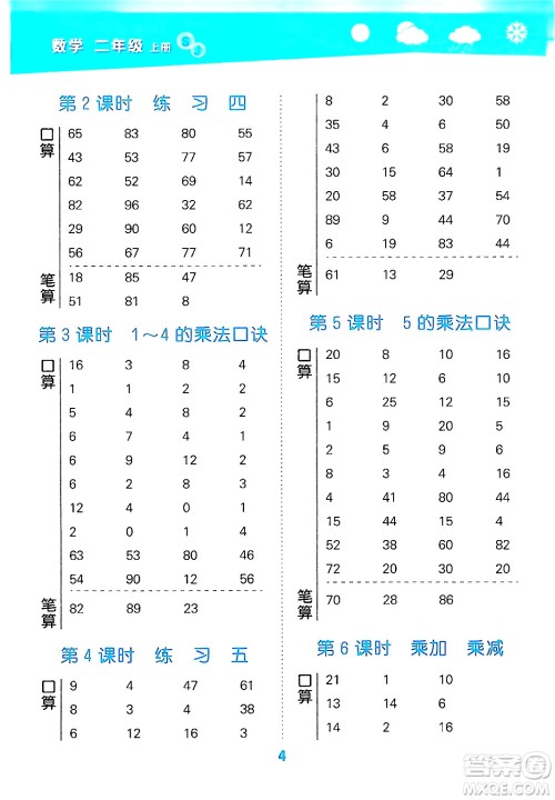 地质出版社2024年秋小儿郎小学口算大通关二年级数学上册苏教版答案