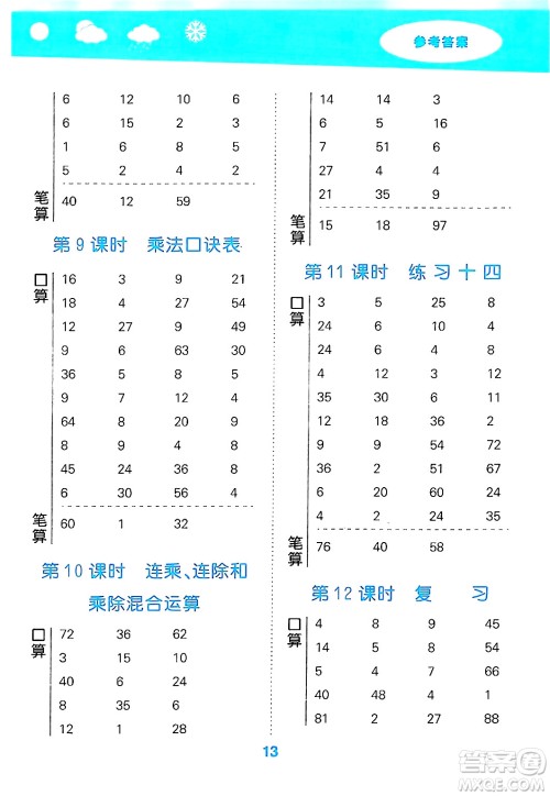 地质出版社2024年秋小儿郎小学口算大通关二年级数学上册苏教版答案