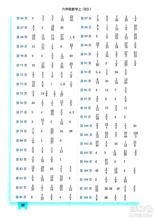 龙门书局2024年秋黄冈小状元作业本六年级数学上册北师大版答案