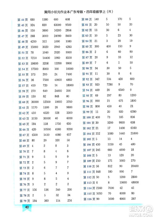 龙门书局2024年秋黄冈小状元作业本四年级数学上册人教版广东专版答案