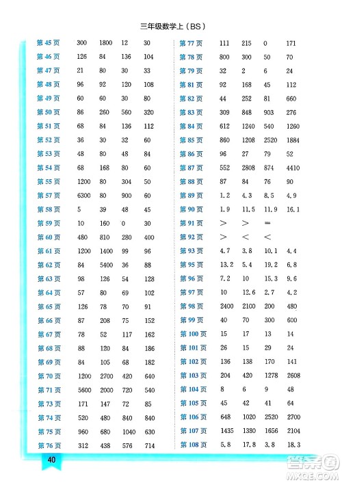 龙门书局2024年秋黄冈小状元作业本三年级数学上册北师大版答案