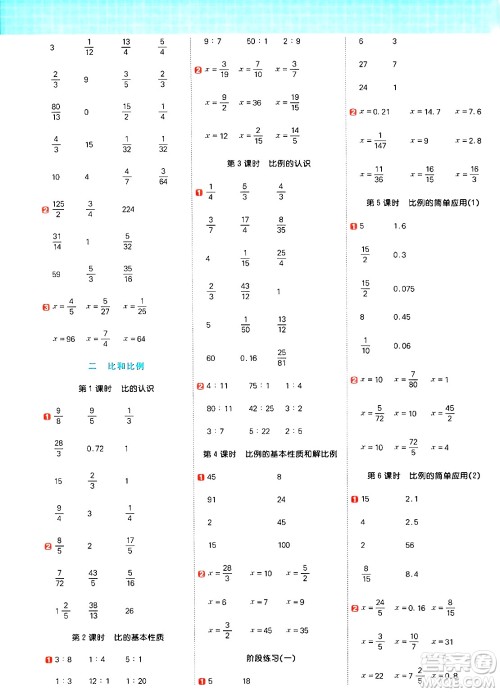 江西教育出版社2024年秋阳光同学计算小达人六年级数学上册冀教版答案