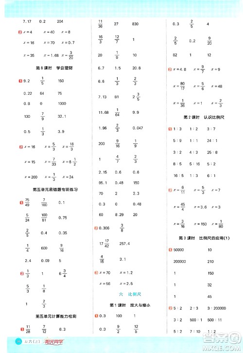 江西教育出版社2024年秋阳光同学计算小达人六年级数学上册冀教版答案