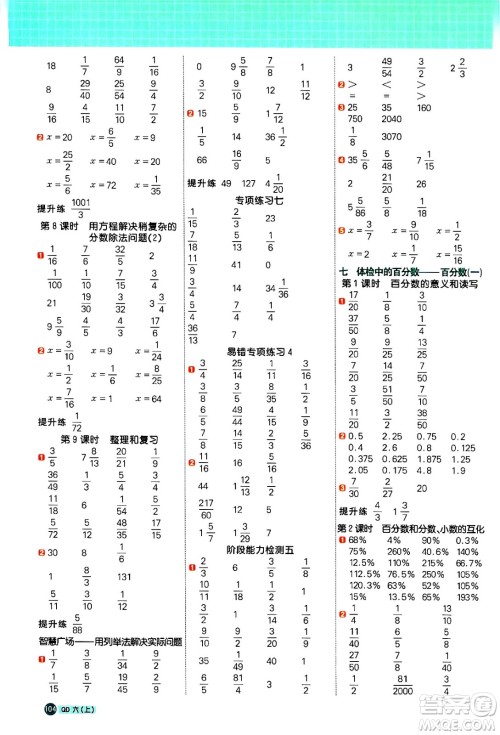 江西教育出版社2024年秋阳光同学计算小达人六年级数学上册青岛版答案