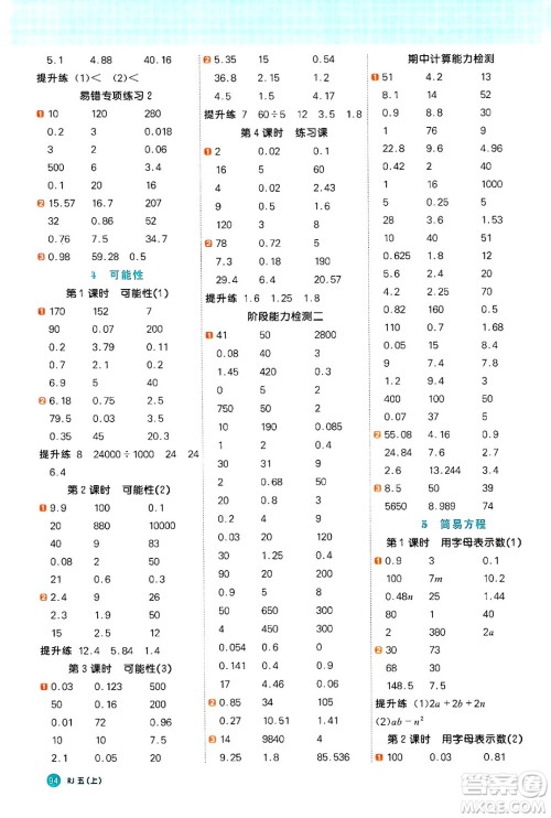 江西教育出版社2024年秋阳光同学计算小达人五年级数学上册人教版广东专版答案