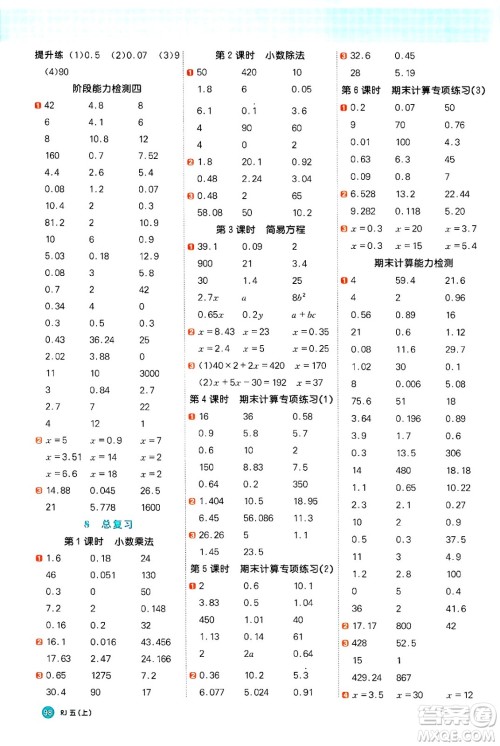 江西教育出版社2024年秋阳光同学计算小达人五年级数学上册人教版广东专版答案