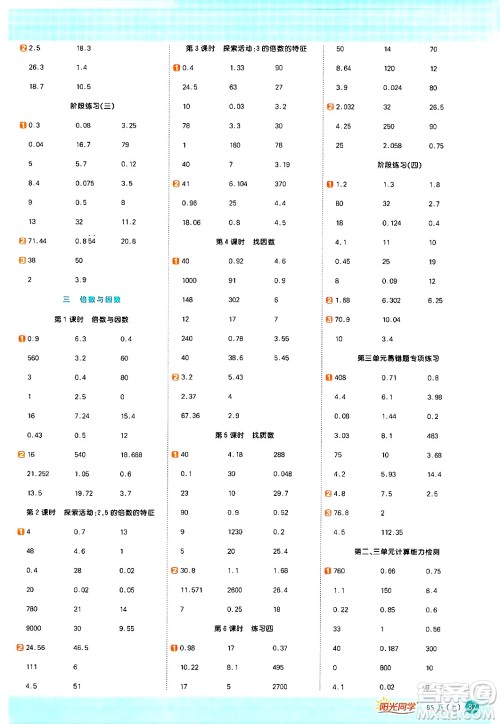 江西教育出版社2024年秋阳光同学计算小达人五年级数学上册北师大版答案