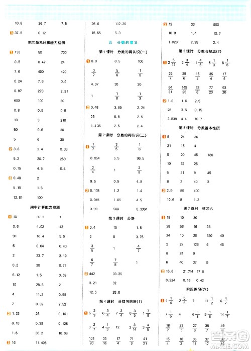 江西教育出版社2024年秋阳光同学计算小达人五年级数学上册北师大版答案