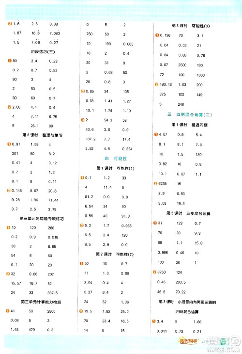 江西教育出版社2024年秋阳光同学计算小达人五年级数学上册冀教版答案