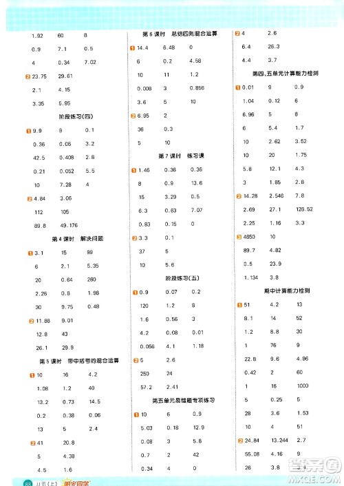 江西教育出版社2024年秋阳光同学计算小达人五年级数学上册冀教版答案