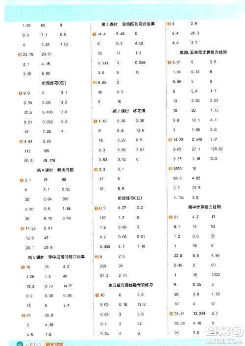 江西教育出版社2024年秋阳光同学计算小达人五年级数学上册冀教版答案